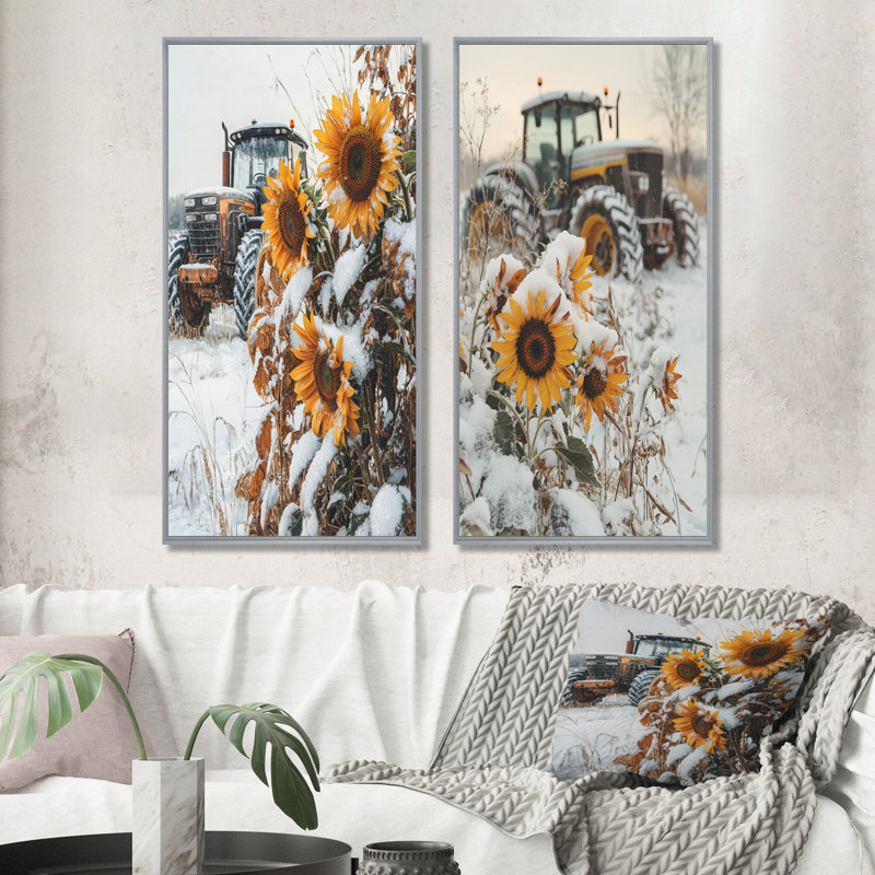 Tournesols et le tracteur enneigé I - Collection d'art mural 2 panneaux, H 28 po x l 25 po, Encadrement argenté
