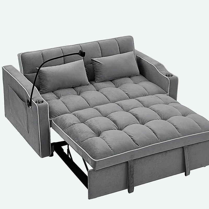 Canapé-lit pliable polyvalent de 55,51 pouces en 3 longueurs, canapé-lit moderne en velours coulissant, dossier réglable et avec port USB, cendrier et support pour téléphone pivotant (gris)