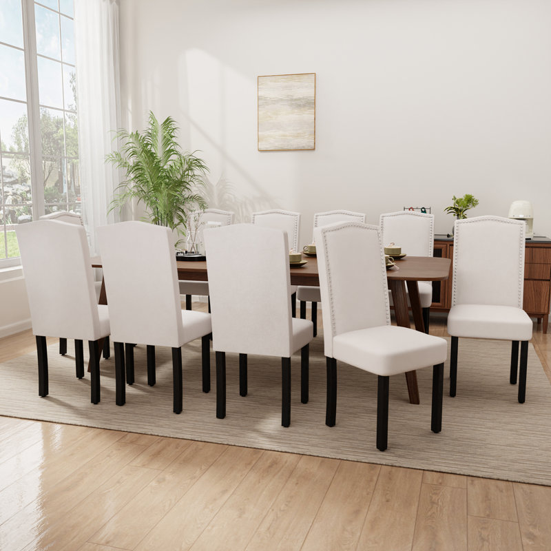  Luxe Upholstered Nailhead Dining Chairs Side Chairs (Set of 2), Beige