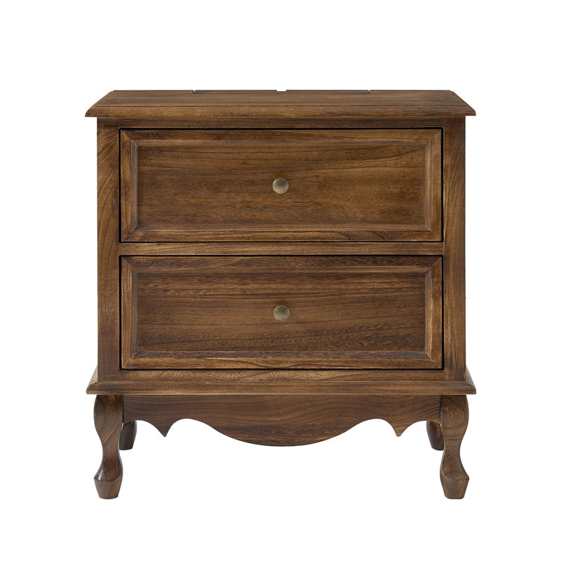 Table de chevet 2 tiroirs avec pieds en bois et station de charge Lundgren, Noyer
