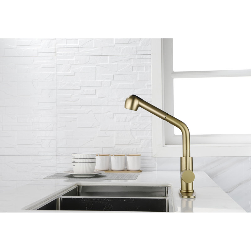 Stainless Steel Gold Kitchen Tap With Pull-Out Spray Head - Water Saving Feature Faucet Simple And Fresh Design For Easy Matching Sinks
