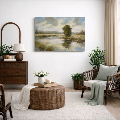 Peaceful Countryside River Landscape Artwork, Rustic Meadow Nature Pictures, Framed Canvas Giclee Print Wall Art