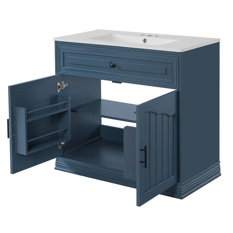 Meuble-lavabo de luxe 36 po avec lavabo en céramique, armoire avec 2 grandes portes à fermeture douce, armoire de rangement en bois massif