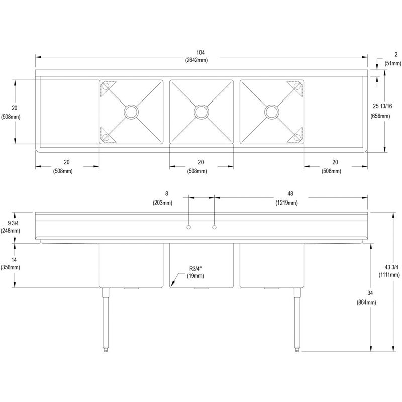 Évier de service autoportant L 104 po x l 25,81 po Dependabilt