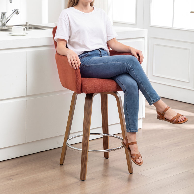 Swivel Upholstered Bar Stool with Solid Wood Frame, Orange
