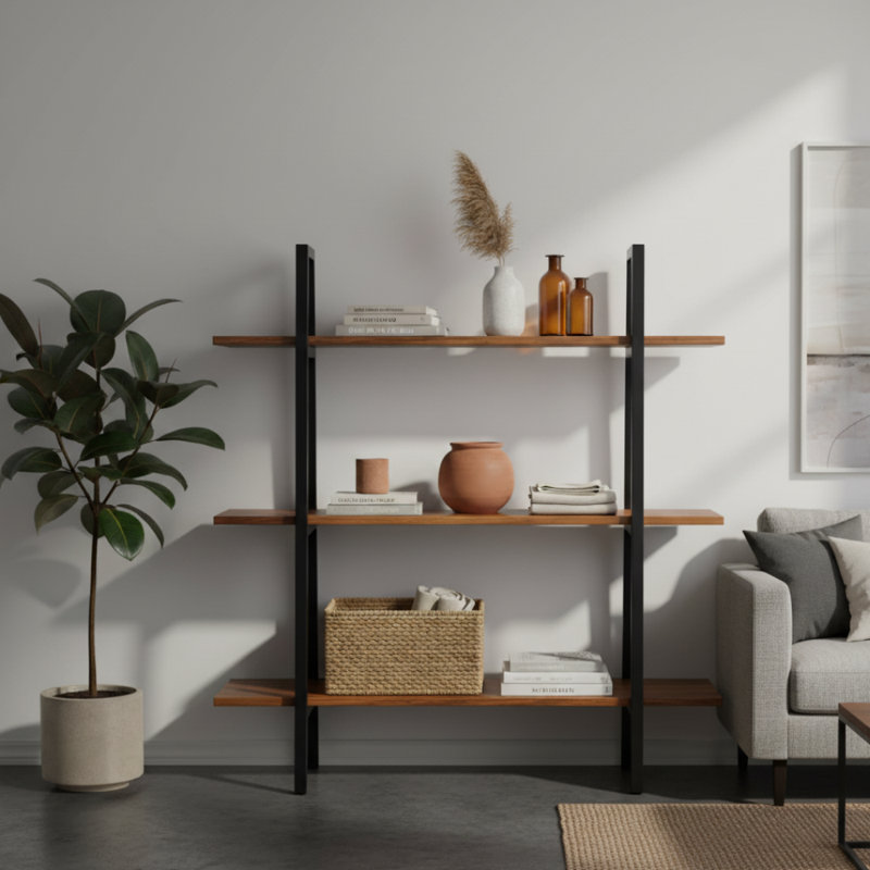 Solid Acacia Wood Ladder Bookshelf - 3-Tier Industrial Leaning Bookcase with Metal Frame - Easy Assembly Cherry Brown