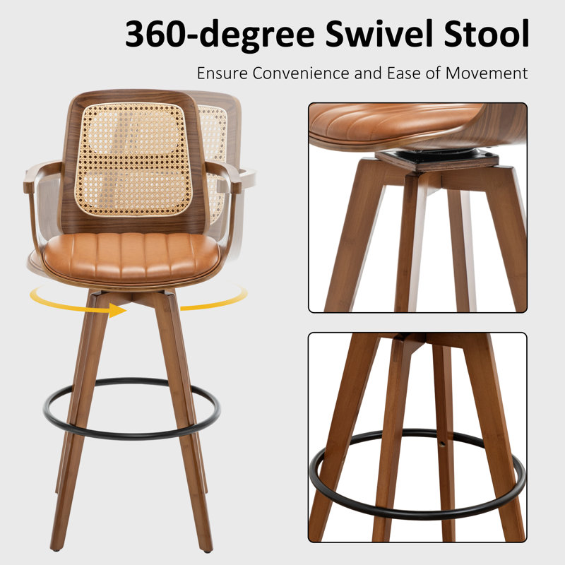 Clero Swivel Faux Leather Counter Stools With Rattan Back, Bar Stool (30" Seat Height), Brown