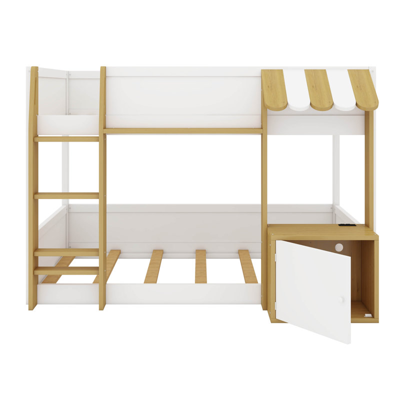 Lit superposé avec bureau, armoire de rangement et ports USB, lit superposé peu encombrant avec échelle et garde-corps