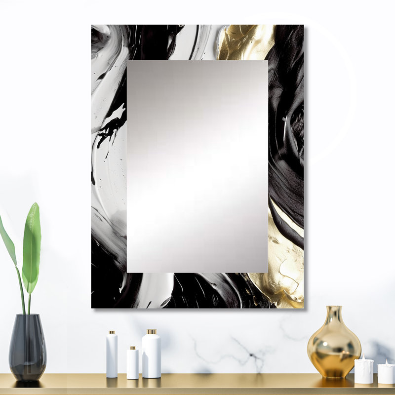 Exquis Darling Gold, vague abstraite sur fond noir IV - peinture abstraite murale, miroir doré, impression sur métal