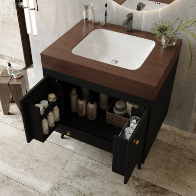 Contemporary  Free-standing Bathroom Vanity with Faux Marble Top & Ceramic Sink, 30" Double Door Storage Cabinet, Waterproof Engineered Wood