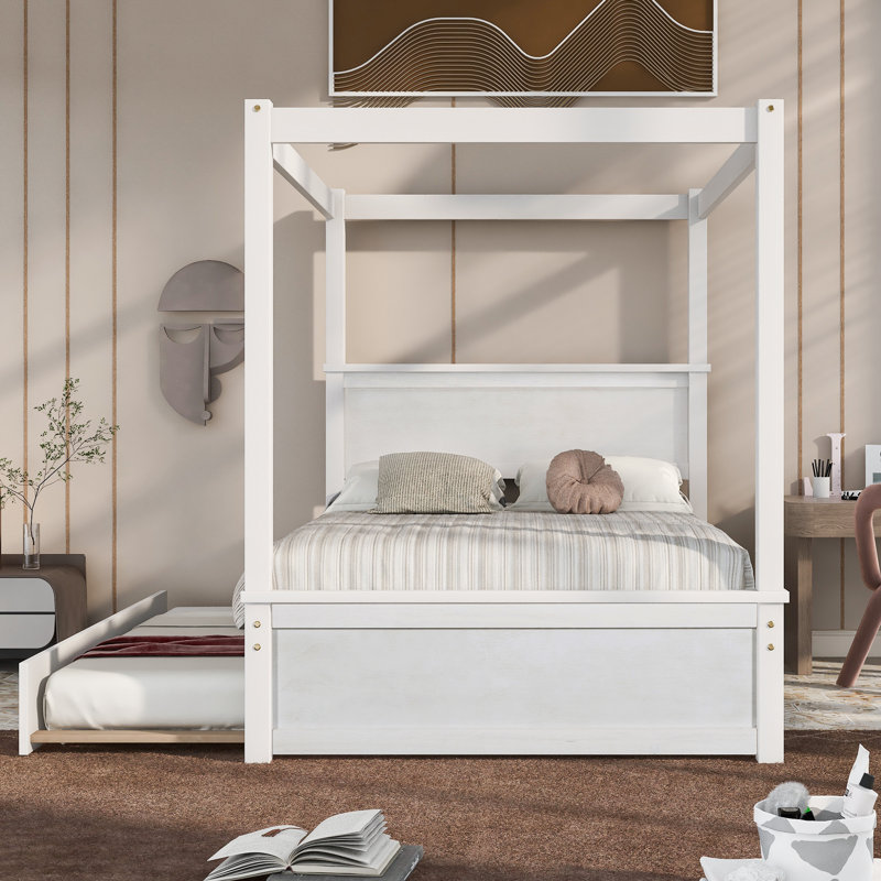 Wood Canopy Bed With Trundle Bed , Brushed White