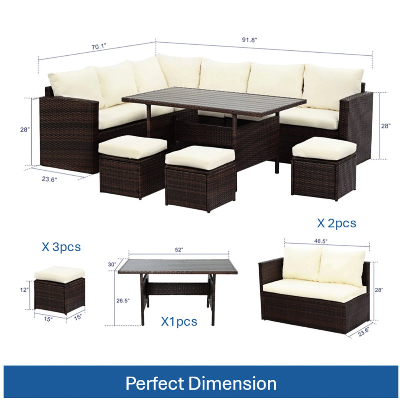 Ensemble repas d'extérieur, 7 ou 9 places, coussins beiges, poufs et table rectangulaire pour des moments de détente dans votre jardin.