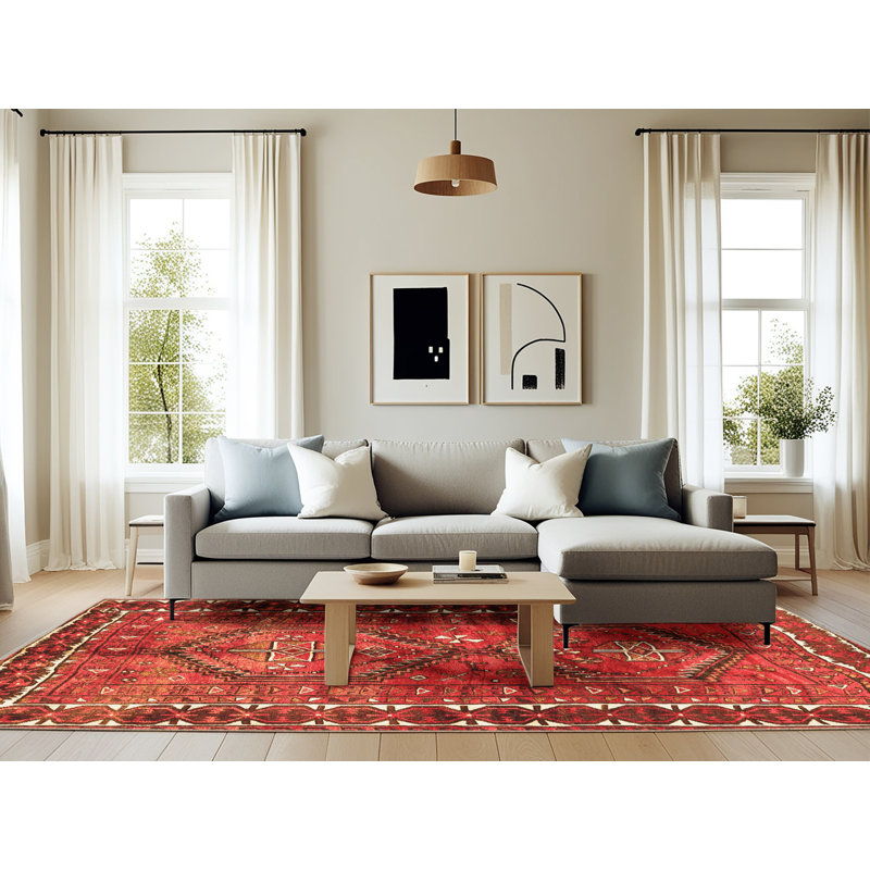 Tapis oriental en laine / polyester tissé à la machine en rouge / brun / orange, Rectangle 6 pi x 9 pi