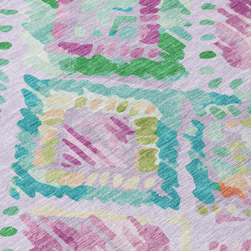 Lavender and Green Geometric Pattern Washable Synthetic Rug
