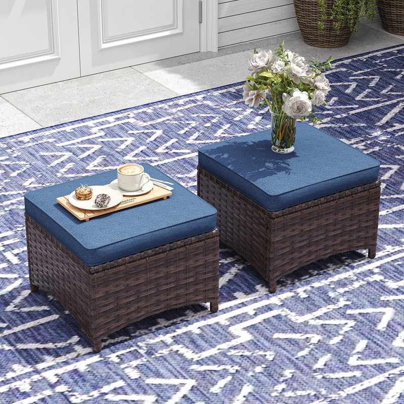 Stylish Outdoor Woven Rattan Ottoman Set Of 2, Navy Cushion/Brown Frame