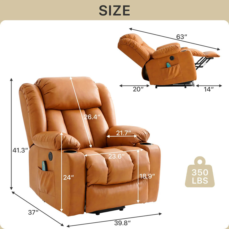 Power Lift Recliner Chair for Elderly With Vibration Massage Heat And Cup Holders, 2 Side Pockets, Orange Faux Leather