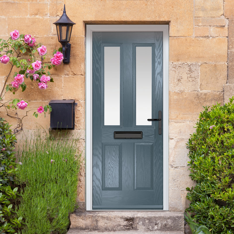 Crystal GRP Front door Carnoustie Green 890mm x 2090mm Open in Right hand Stipolytte Glass, 89mm x 209mm, Slate Grey, Left