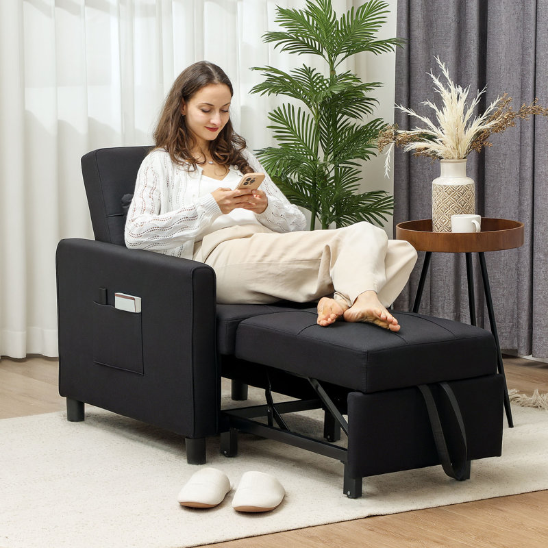 HOMCOM Chair Bed, Sleeper Chair with Pillow, Side Pockets, Black