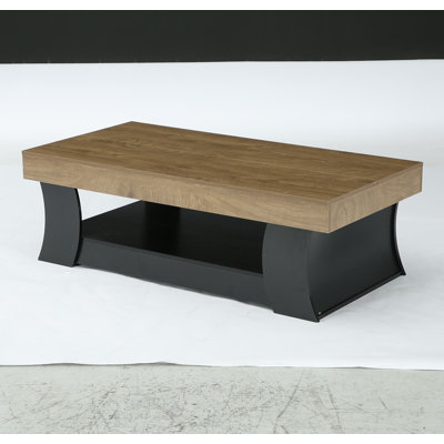 Rectangular Coffee Table With Storage, 2-Tone Wood Coffee Table With Curved Legs & Lower Shelf