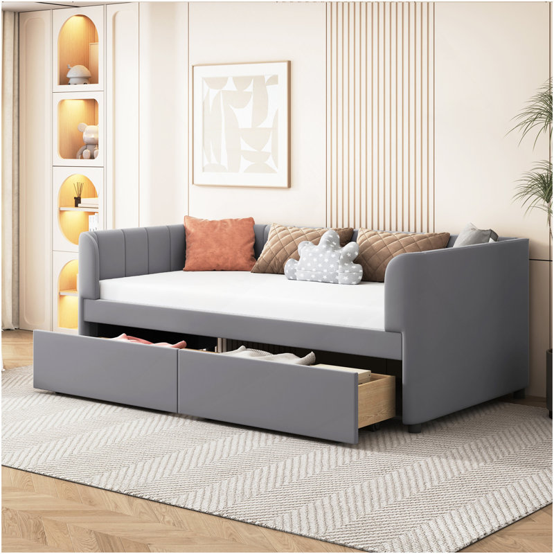 Lit de jour simple tapissier avec dossier ergonomique et 2 tiroirs, gris, Gris