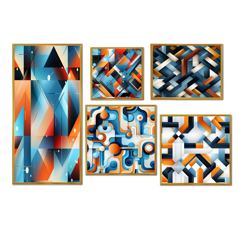 Daejion - Ensemble de 5 reproductions d'art sur toile géométrique, Cadre flottant doré