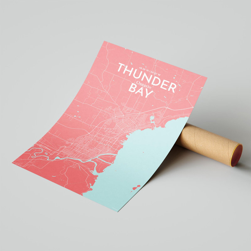 Thunder Bay City Map, impression, H 17 po x l 11 po, Rose / bleu pastel