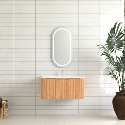 Meuble-lavabo de salle de bain flottant de 30 po au fini noyer naturel, bords arrondis lisses, cuve en céramique blanche, pré-assemblé, tiroir de rangement intelligent, rangement de tiroir à fermeture en douceur, mécanisme