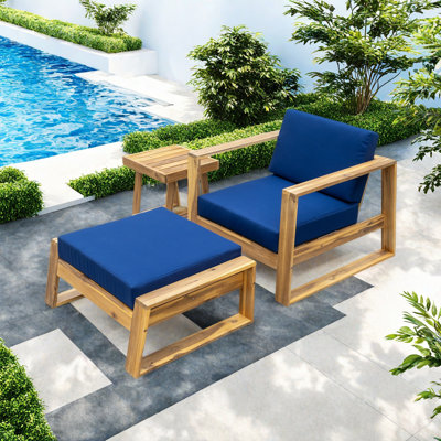 Acacia Wood Outdoor Lounge Set - Chair And Ottoman With Removable Cushions, All-Weather Outdoor Chaise Lounge/Daybed, Perfect For Patios, Balconies, And Gardens