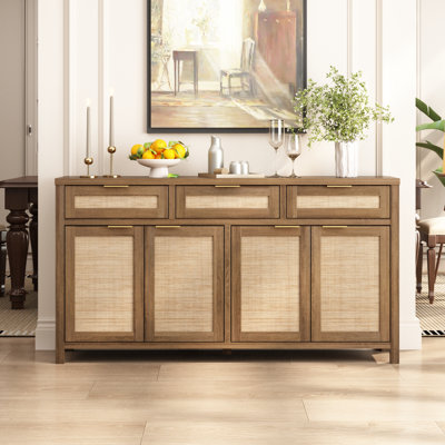 Ciauna 63'' W Rattan Sideboard Cabinet with 3 Storage Drawers Adjustable Shelf