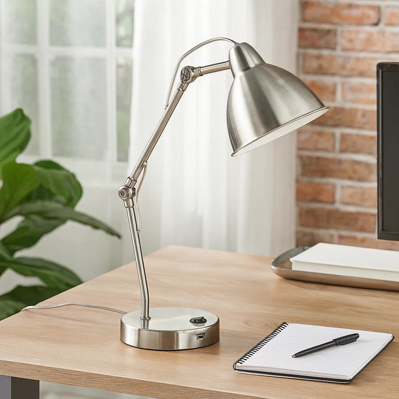 Lampe de bureau d'étude, bras réglable, port USB, métal chromé, 17 pouces