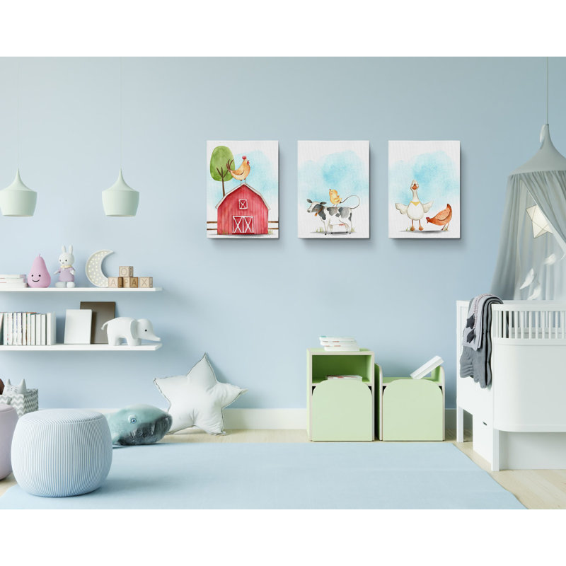 «Cow Chick Cute Farm Animals», ensemble de 3 impressions sur toile tendue, H 24 po x l 48 po x P 1,5 po