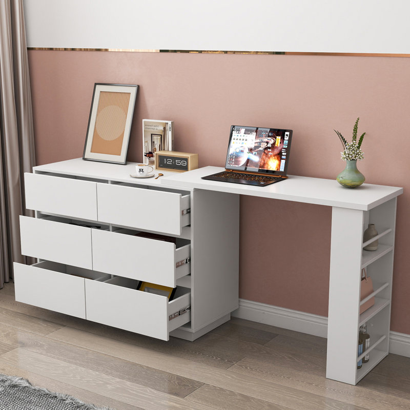 L-Shaped Folding Computer Desk With 6 Drawers