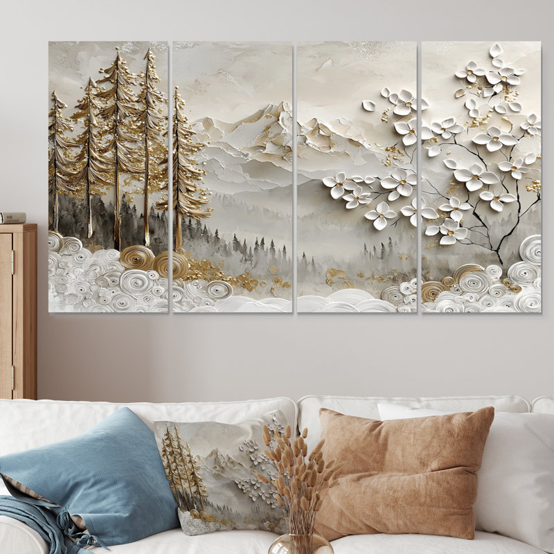 Or et blanc, Alpes bavaroises, montagnes II - ensemble de décorations murales paysage, H 32 po x l 64 po