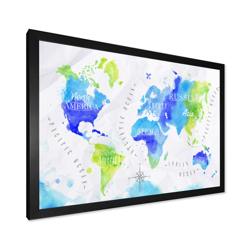 Carte du monde en vert et bleu - Impression sur toile, H 16 po x l 32 po x p 1 po, Cadre photo noir
