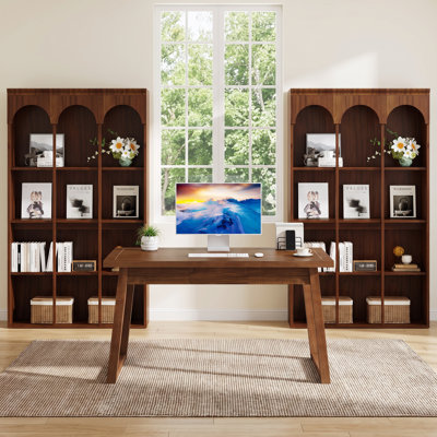 Ensemble de bureau à domicile 3 pièces, bureau de 55 pouces avec 2 bibliothèques arquées, noyer