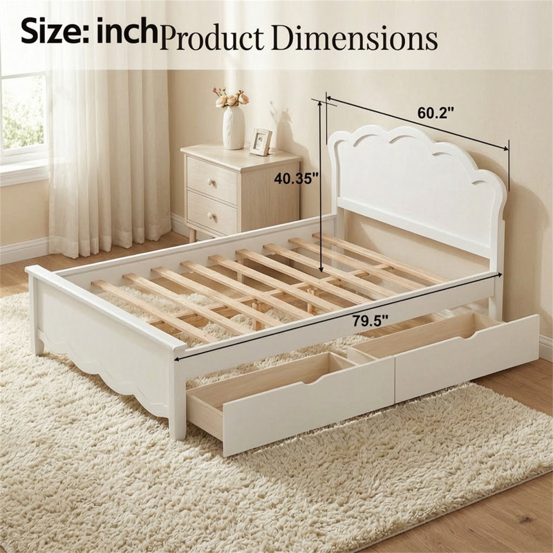 Full-Size White Platform Bed With A Headboard And Two Drawers, Featuring A High-Quality Solid Wood Frame That Is Durable And Has A High Weight Capacity