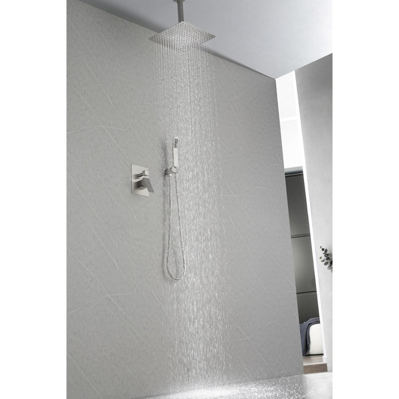 Pomme de douche à pluie 12 po à fixation murale, nickel brossé, laiton, profondeur 59 po, largeur 12 po, hauteur 60 po, poids 9,79 lb