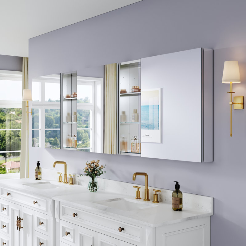Armoire à pharmacie à miroir pour salle de bain et tablettes ouvertes en aluminium l 96 po x H 30 po , L 96 po x H 30 po