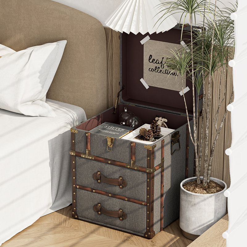 Lannigan Vintage Storage Chest with Buckle Hinged Top, Linen Accent End Side Table, Dark Gray