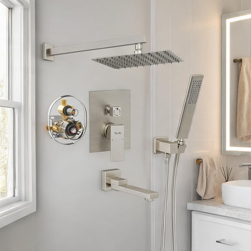Luxueux système de robinet de baignoire et douche en nickel brossé avec pomme de pluie, douchette et douchette pliante