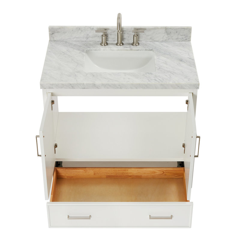 Meuble-lavabo sur pied simple 37 po avec plateau en marbre de Carrare Abshire, Blanc