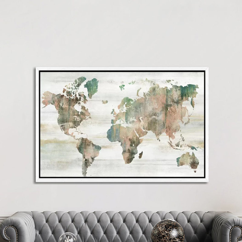 Map Of The World by Isabelle Z - Print on Canvas, White Framed, 152.5 cm H x 101.5 cm W