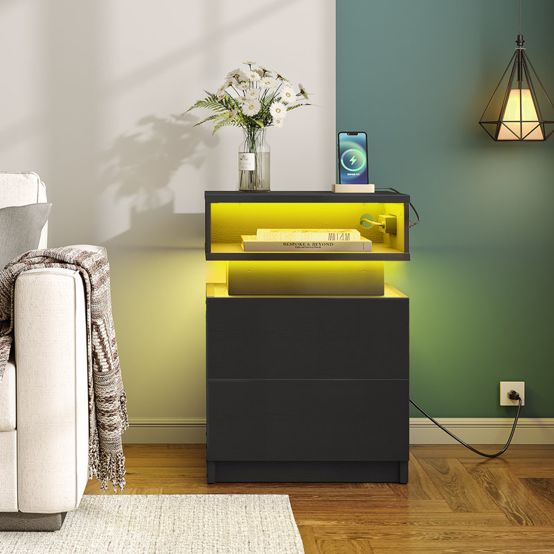 Modern Nightstand With Led Light And Storage