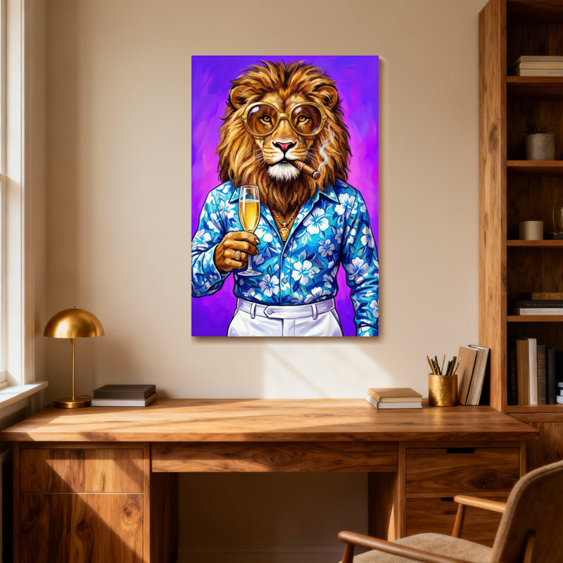 Animaux lion portant des lunettes et un cigare avec champagne, H 36 po x l 24 po