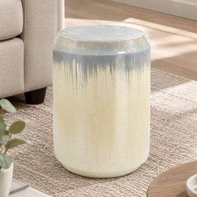 Tabouret de jardin rond en céramique avec table d'appoint et émail réactif, bleu et crème, 35,2 x 35,2 x 47,8 cm