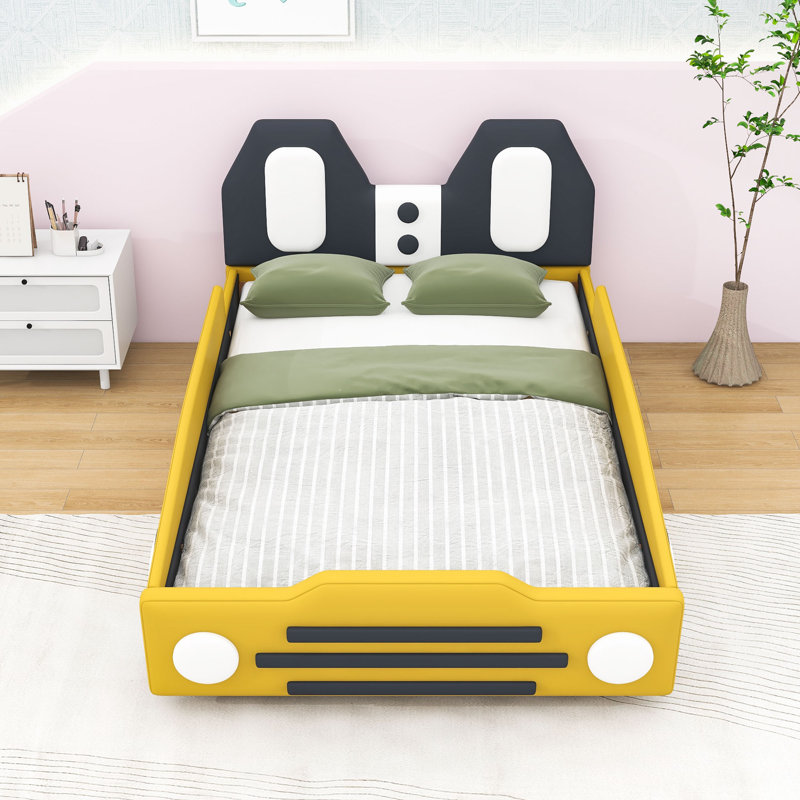 Twin Car Bed With Safety Rails And Slats, Yellow