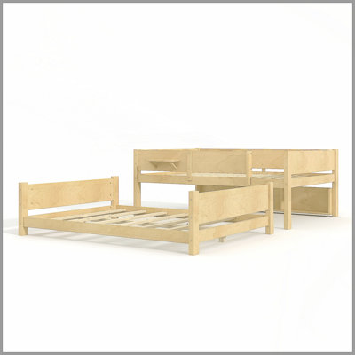Queen over Queen Bunk Bed with Convenient Tray, Solid Wood Bunk Bed with Storage Shelves and Upgraded Slats, Light Natural