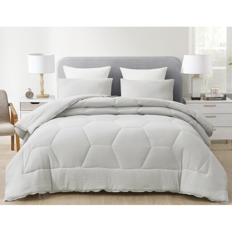 Washed Microfiber Bedding Honeycomb Comforter Set, Full/Double Comforter + 2 Standard Shams, Light Gray