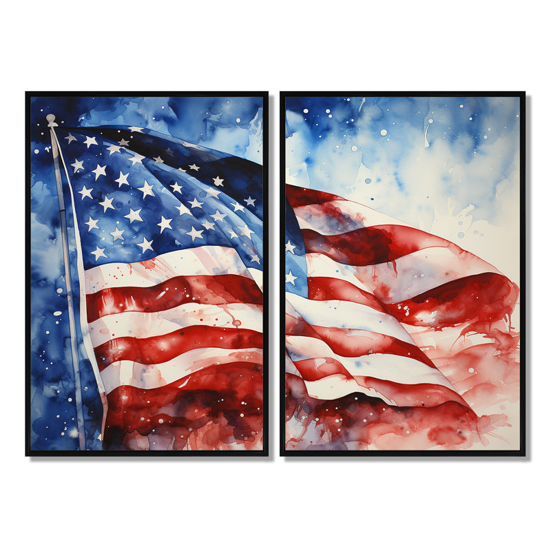 Drapeau américain drapeau I - bleu sarcelle, ensemble d'art mural moderne de 2, Black, 36" H x 48" W