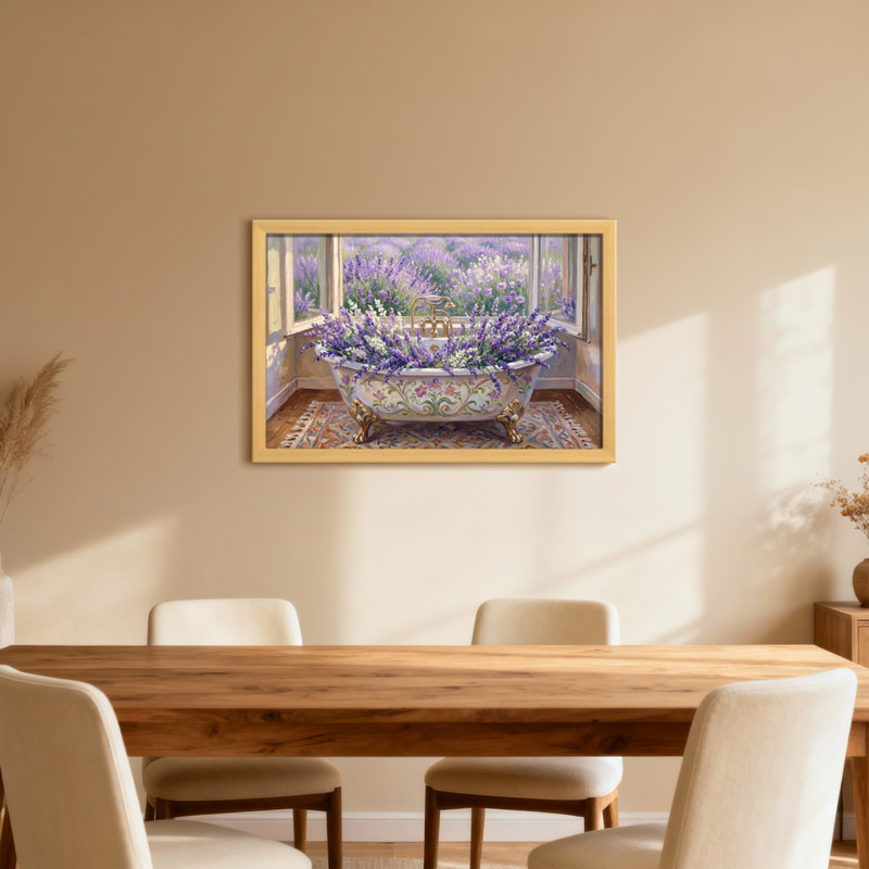 Scène de fenêtre de baignoire lavande, 24" H x 36" W, Toile tendue, Ne s’applique pas